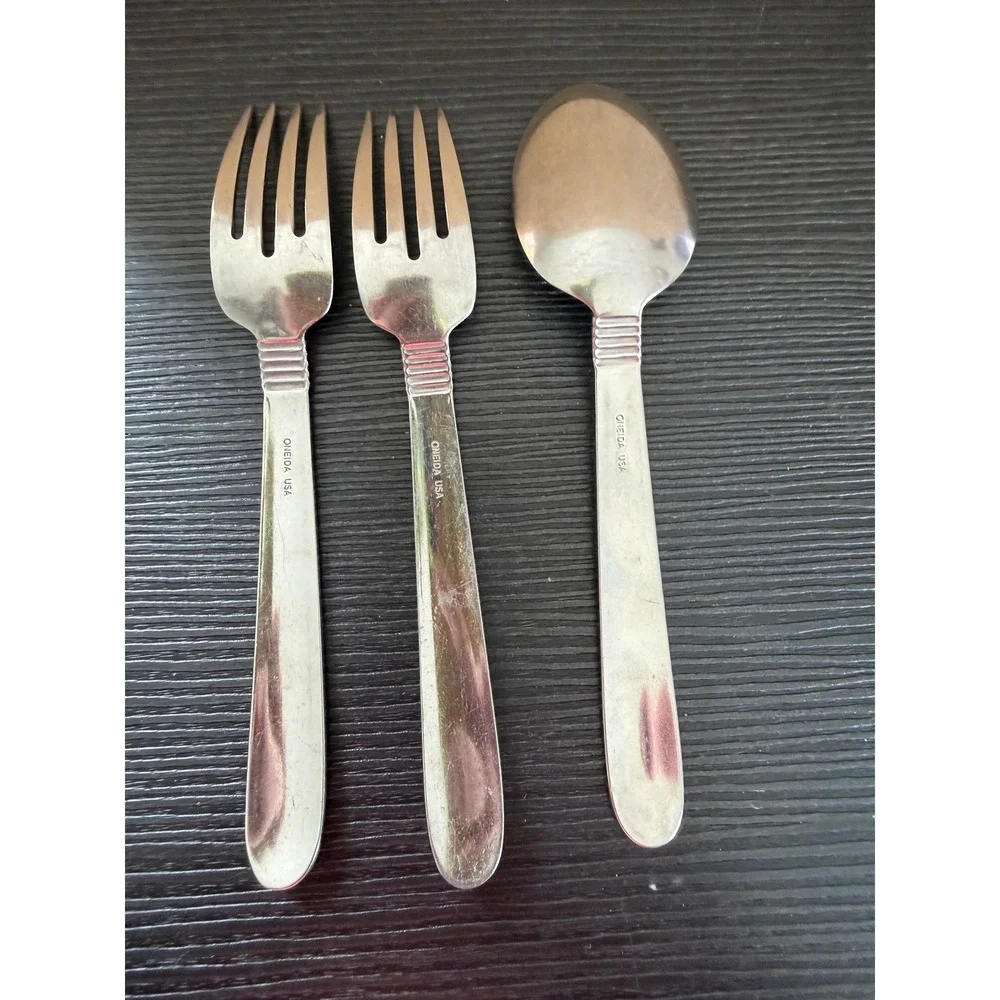 Oneida Austere USA Stainless Flatware 2 Dinner Forks 1 Oval Spoon 3pc Lot